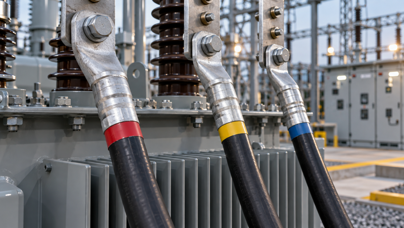 Aluminum compression lugs connected to transformer cable terminals