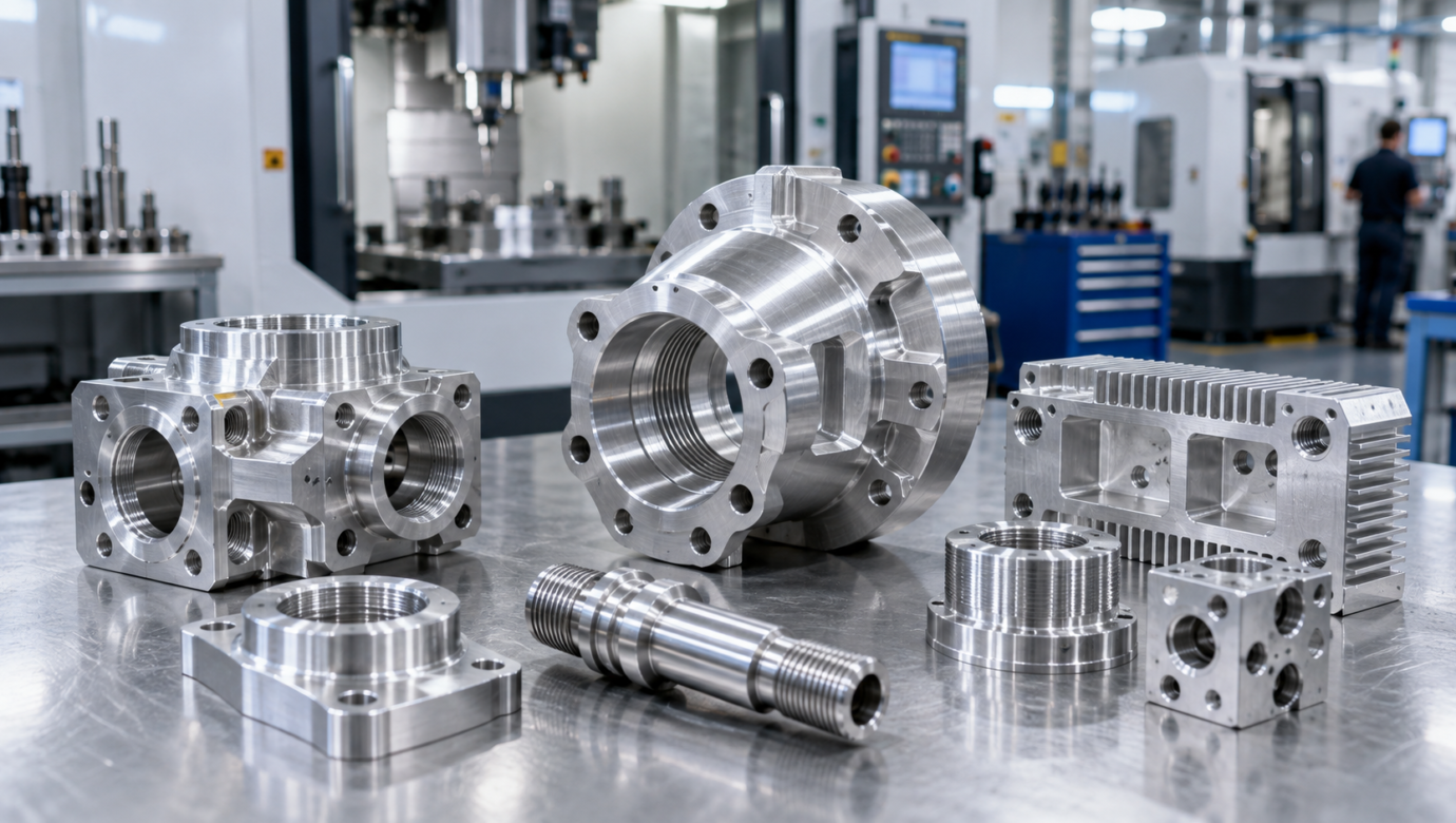 Precision CNC machined aluminum parts in a modern machine shop