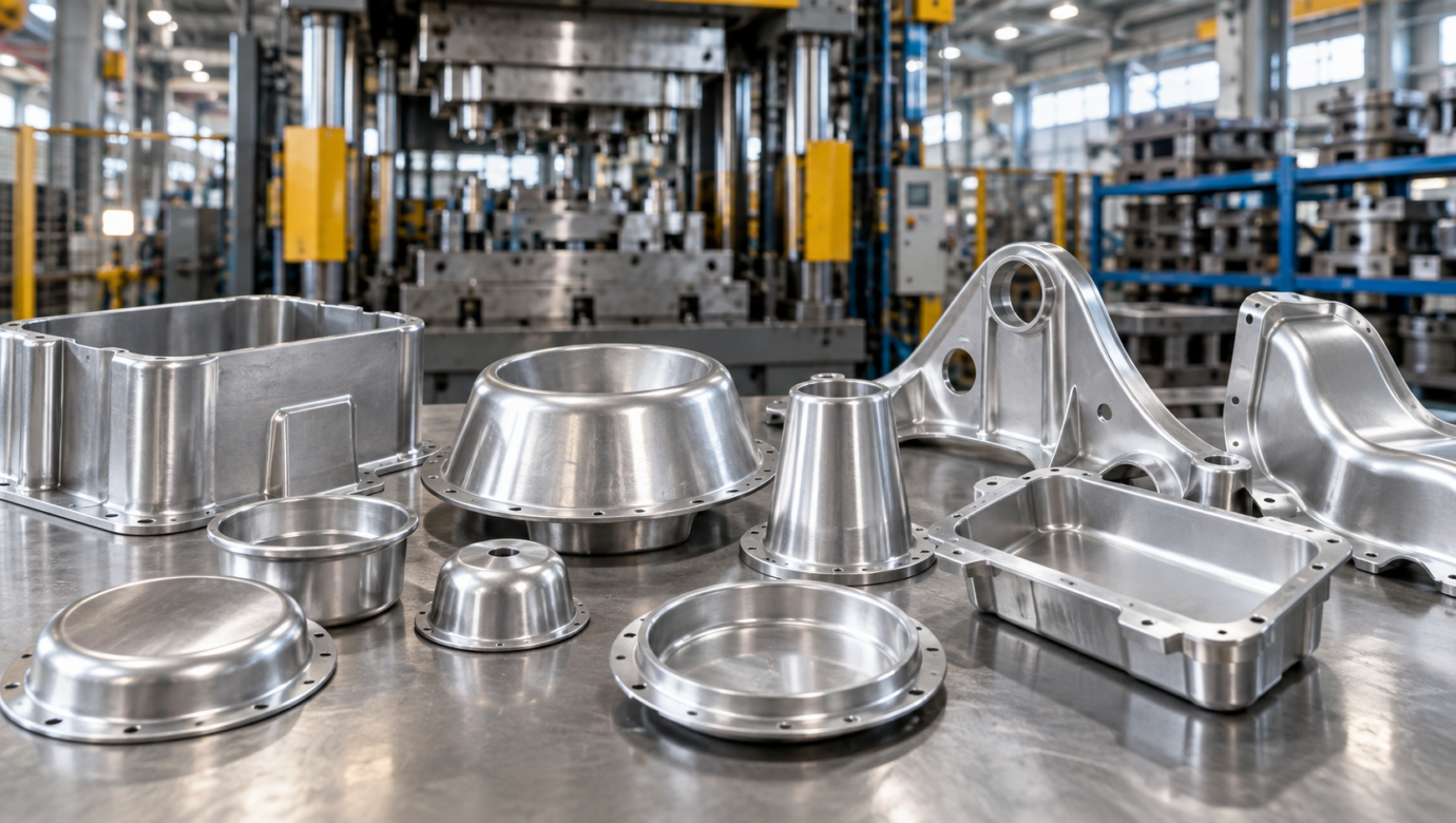 Pressed aluminum components displayed in a modern forming and press shop