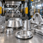 Pressed aluminum components displayed in a modern forming and press shop