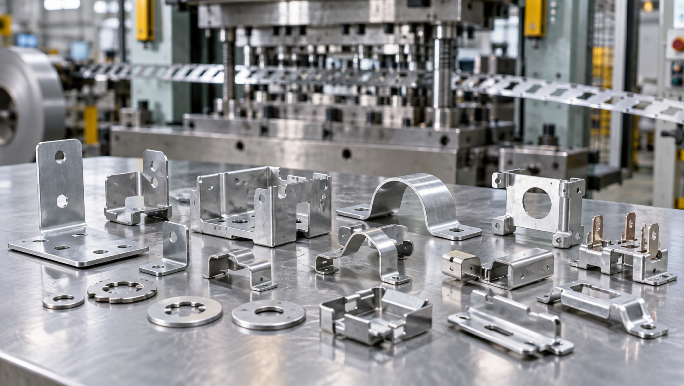 Custom aluminum stamped parts and components beside a precision stamping press