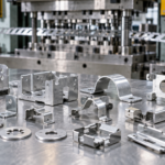 Custom aluminum stamped parts and components beside a precision stamping press