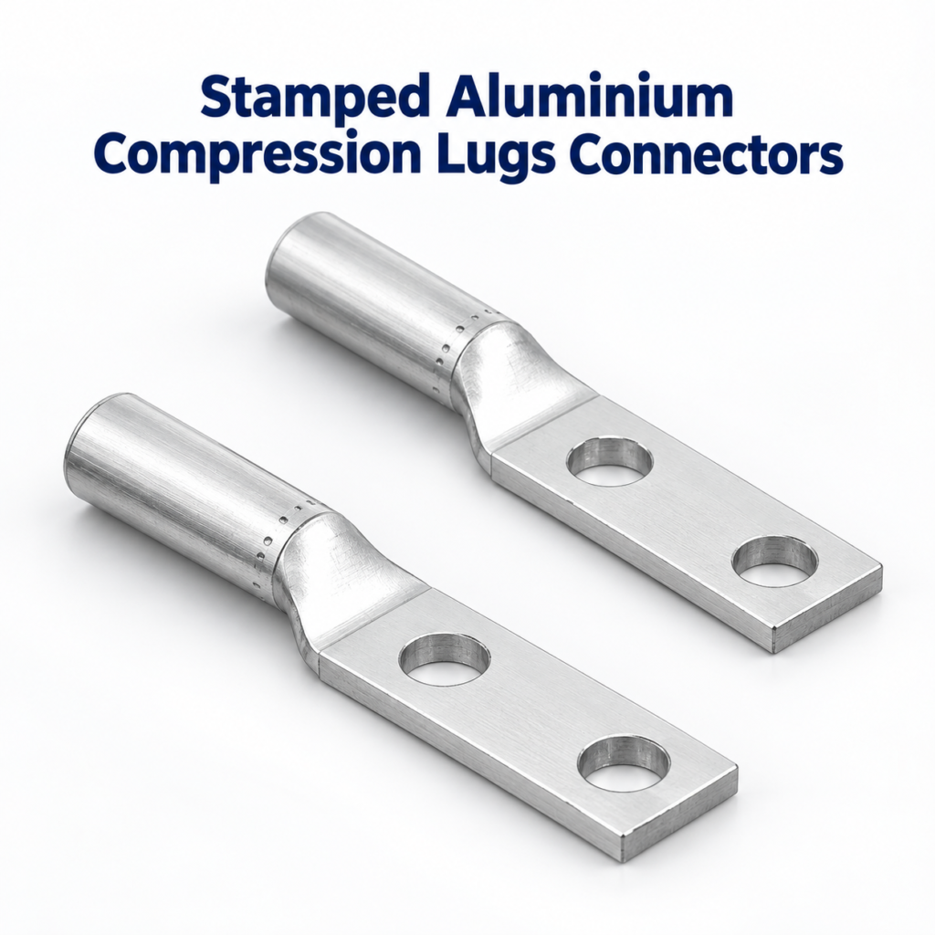Two stamped aluminium compression lugs connectors with twin-hole palms